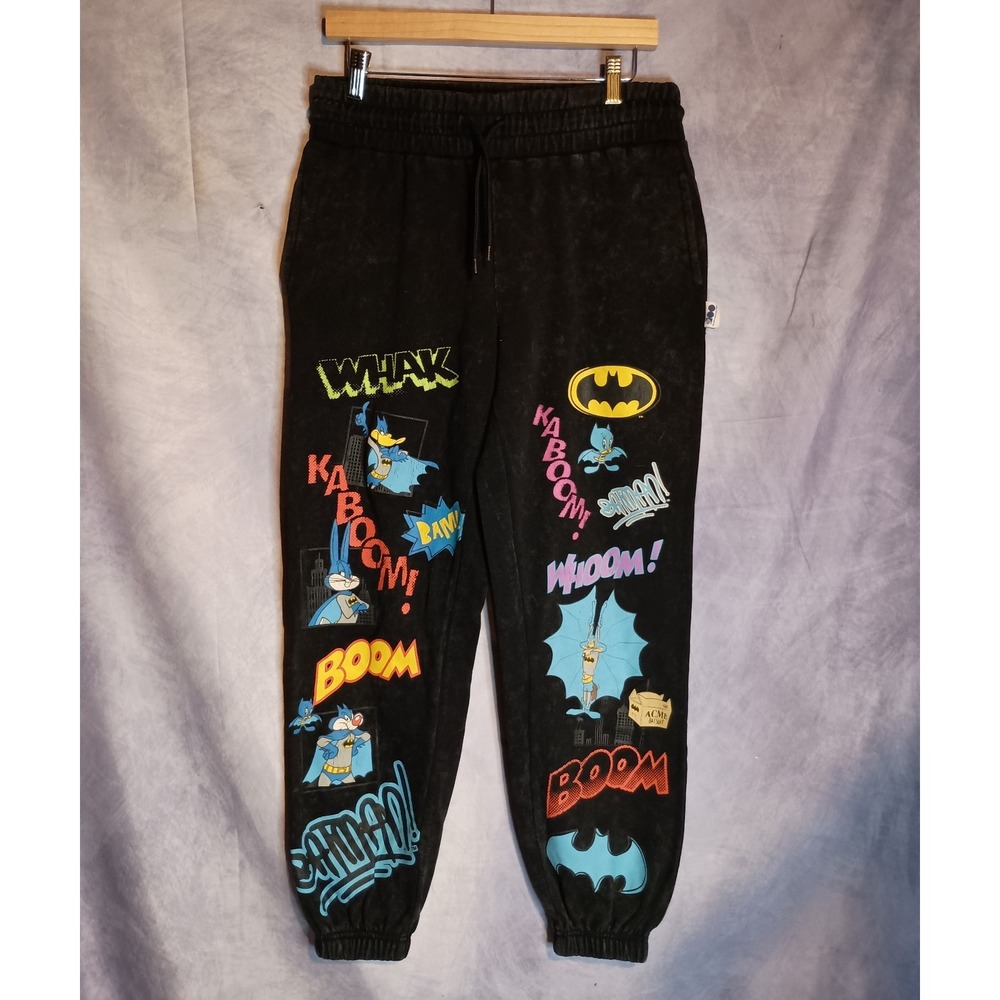 Warner Bros Batman Looney Tunes Jogger Sweatpants Black Acid Wash Graphic Pants